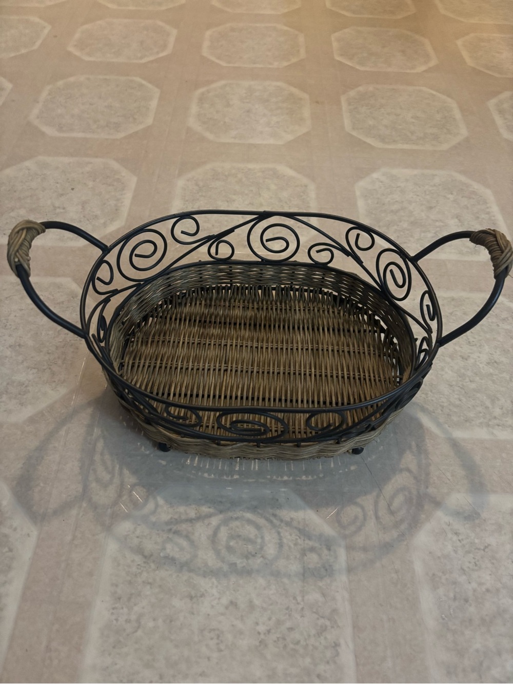 Woven Rattan and Black Metal Bread Serving Basket